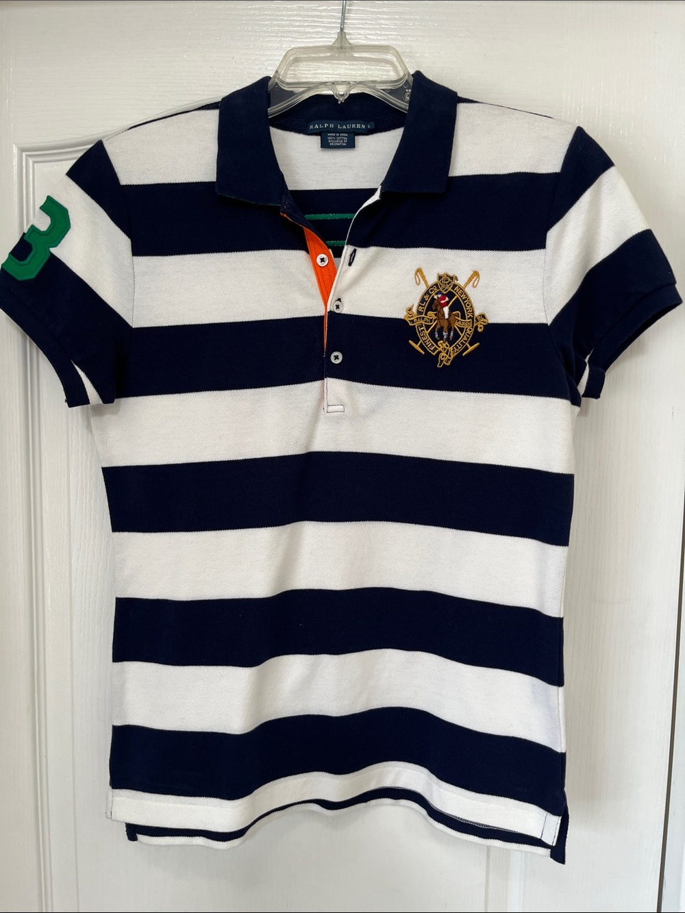 Ralph Lauren Navy & White Striped Polo with Embroidered Crest
